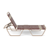 Side view of Horizon commercial chaise lounge with antique beige aluminum frame, camel and terracotta vinyl straps, and adjustable backrest