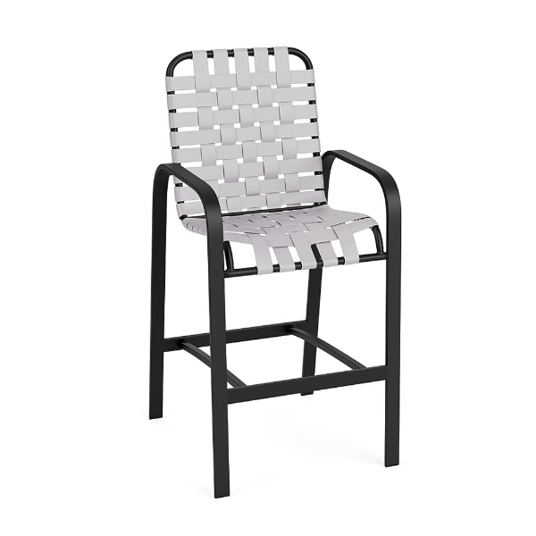 Horizon commercial outdoor bar chair with textured charcoal aluminum frame and white cross-weave vinyl seat and back