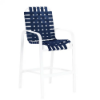 Horizon commercial outdoor bar chair with white aluminum frame and navy cross-weave vinyl seat and back