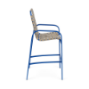 Side view of Horizon commercial outdoor bar chair with Marina blue aluminum frame and Putty cross-weave vinyl seating