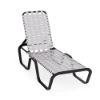 Horizon stackable commercial chaise lounge with textured charcoal aluminum frame, white cross-weave vinyl seat and back, and adjustable backrest