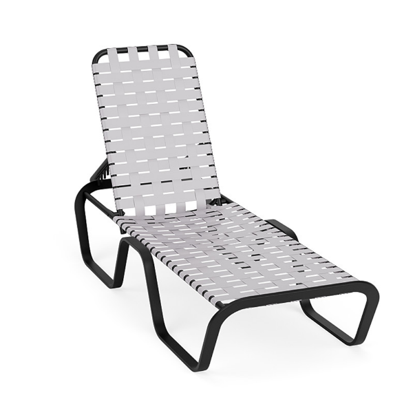 Horizon stackable commercial chaise lounge with textured charcoal aluminum frame, white cross-weave vinyl seat and back, and adjustable backrest