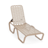Horizon stackable commercial chaise lounge with textured antique beige aluminum frame, off-white cross-weave vinyl, and adjustable backrest