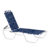 Horizon stackable commercial chaise lounge with white aluminum frame, navy cross-weave vinyl seat and back, and adjustable backrest