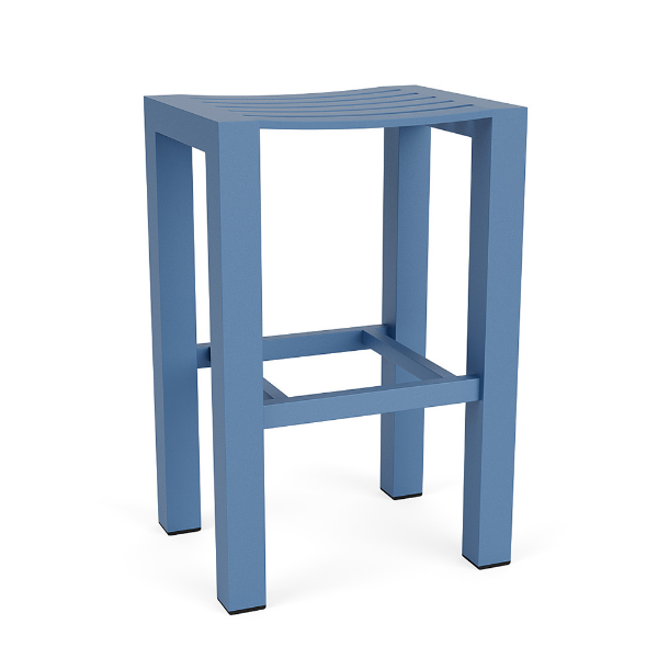 Skyline backless commercial outdoor bar stool with all-aluminum frame, Steel Blue finish, and integrated footrest