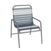 Sundance commercial outdoor dining chair with Titanium Gray aluminum frame and Dusty Blue vinyl straps with White accents