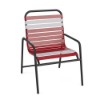 Sundance commercial outdoor dining chair with Starlight Black aluminum frame and Red vinyl straps with White accents