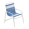 Sundance commercial outdoor dining chair with white aluminum frame and blue and white vinyl strap seat and back