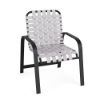 Sundance commercial outdoor dining chair with textured charcoal aluminum frame and white cross-weave vinyl seat and back