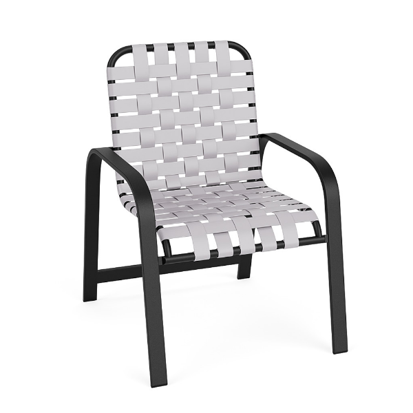 Sundance commercial outdoor dining chair with textured charcoal aluminum frame and white cross-weave vinyl seat and back