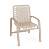 Sundance commercial outdoor dining chair with antique beige aluminum frame and off-white cross-weave vinyl seat and back