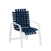 Sundance commercial outdoor dining chair with white aluminum frame and navy cross-weave vinyl seat and back