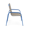 Side view of Sundance commercial outdoor dining chair with marina blue aluminum frame and putty cross-weave vinyl seating