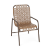 Sundance commercial outdoor dining chair with Textured Espresso aluminum frame and Camel cross-weave vinyl seat and back