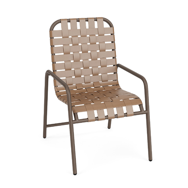 Sundance commercial outdoor dining chair with Textured Espresso aluminum frame and Camel cross-weave vinyl seat and back