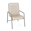 Sundance commercial outdoor dining chair with Platinum aluminum frame and Off White cross-weave vinyl seat and back