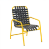 Sundance commercial outdoor dining chair with yellow aluminum frame and black cross-weave vinyl seat and back