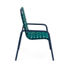 Side view of Sundance commercial outdoor dining chair with Deep Blue Metallic aluminum frame and Teal cross-weave vinyl seating