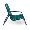 Side view of Sundance low-profile commercial sand chair with Deep Blue Metallic aluminum frame and Teal cross-weave vinyl seating