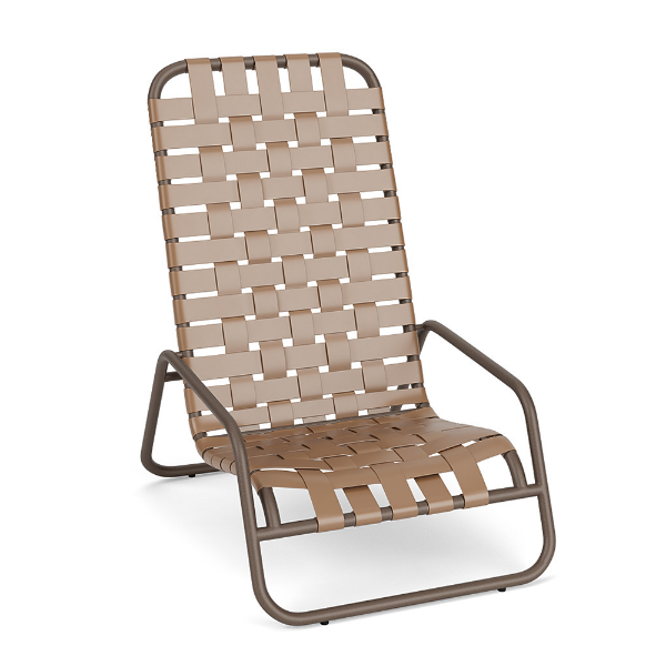 Sundance high back commercial outdoor sand chair with Textured Espresso aluminum frame and Camel cross-weave vinyl seat and back