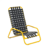 Sundance high back commercial outdoor sand chair with yellow aluminum frame and black cross-weave vinyl seat and back