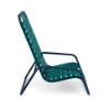 Side view of Sundance high back commercial sand chair with Deep Blue Metallic aluminum frame and Teal cross-weave vinyl seating