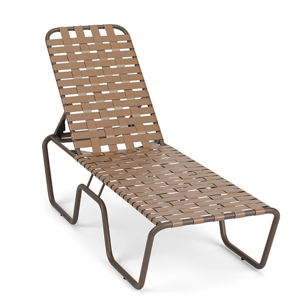 Sundance ADA accessible stackable chaise lounge with Textured Espresso aluminum frame, Camel cross-weave vinyl, and adjustable backrest