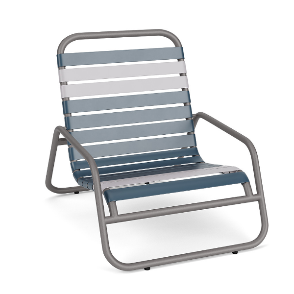 Sundance commercial outdoor sand chair with Titanium Gray aluminum frame and Dusty Blue vinyl straps with White accents
