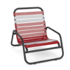 Sundance stackable commercial outdoor sand chair with Starlight Black aluminum frame and Red vinyl straps with White accents