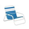 Sundance stackable commercial outdoor sand chair with white aluminum frame and blue vinyl straps with White accents