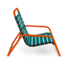 Side view of Sundance stackable commercial outdoor sand chair with Orange Burst aluminum frame and Teal vinyl strap seat and back