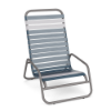 Sundance high back commercial outdoor sand chair with Titanium Gray aluminum frame and Dusty Blue vinyl straps with White accents