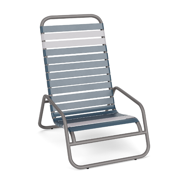 Sundance high back commercial outdoor sand chair with Titanium Gray aluminum frame and Dusty Blue vinyl straps with White accents