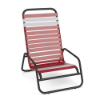 Sundance high back commercial outdoor sand chair with Starlight Black aluminum frame and Red vinyl straps with White accents