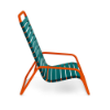 Side view of Sundance high back commercial sand chair with Orange Burst aluminum frame and Teal vinyl strap seat and back