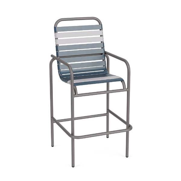 Sundance commercial outdoor bar chair with Titanium Gray aluminum frame and Dusty Blue vinyl straps with White accents