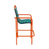 Side view of Sundance commercial outdoor bar chair with Orange Burst aluminum frame and Teal vinyl strap seat and back