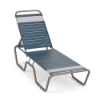Sundance stackable commercial chaise lounge with dusty blue and white vinyl straps, gray aluminum frame, and adjustable backrest
