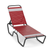 Sundance commercial chaise lounge featuring red and white vinyl straps with a black aluminum frame and adjustable reclining back