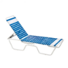 Sundance stackable commercial chaise lounge with blue and white vinyl straps, white aluminum frame, and adjustable backrest