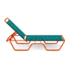 Side view of Sundance commercial chaise lounge with teal vinyl straps, orange aluminum frame, and four-position adjustable backrest