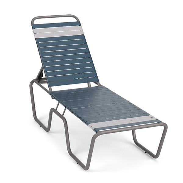 Sundance stackable ADA commercial chaise lounge with dusty blue and white vinyl straps, gray aluminum frame, and higher seating position