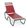 Sundance ADA accessible chaise lounge featuring red and white vinyl straps, black aluminum frame, and adjustable reclining backrest