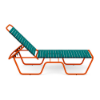Side view of Sundance ADA accessible chaise lounge with teal vinyl straps, orange aluminum frame, and elevated 17-inch seat height