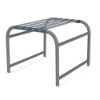 Sundance vinyl strap outdoor ottoman featuring dusty blue seating straps and a gray aluminum frame