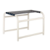 Sundance commercial outdoor ottoman with dark blue vinyl straps and a white aluminum frame for coordinated poolside seating