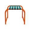 Front view of Sundance vinyl strap commercial ottoman featuring teal seating straps and an orange aluminum frame