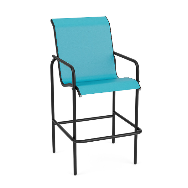 Sundance commercial outdoor bar chair with Aruba blue sling seat and back, black aluminum frame, armrests, and integrated footrest