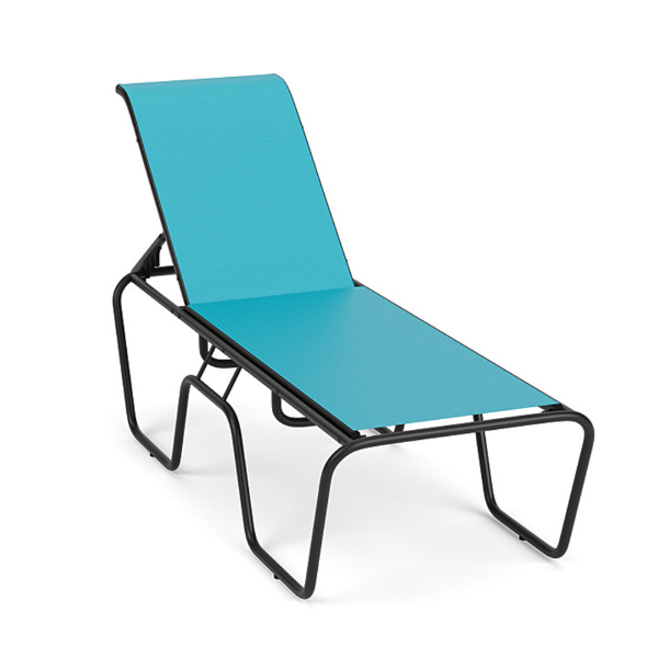 Sundance ADA accessible commercial chaise lounge with Aruba blue sling fabric, Starlight Black aluminum frame, and adjustable backrest