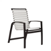Skyline commercial outdoor dining chair with white vinyl straps, black aluminum frame, high back, and integrated armrests